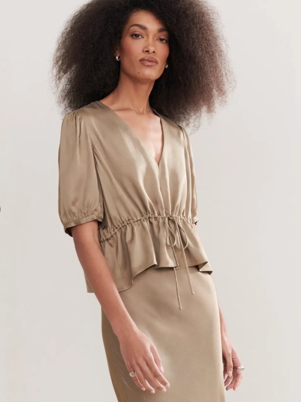 Jenni Kayne Satin Drawstring Peplum Top and Skirt- Olive